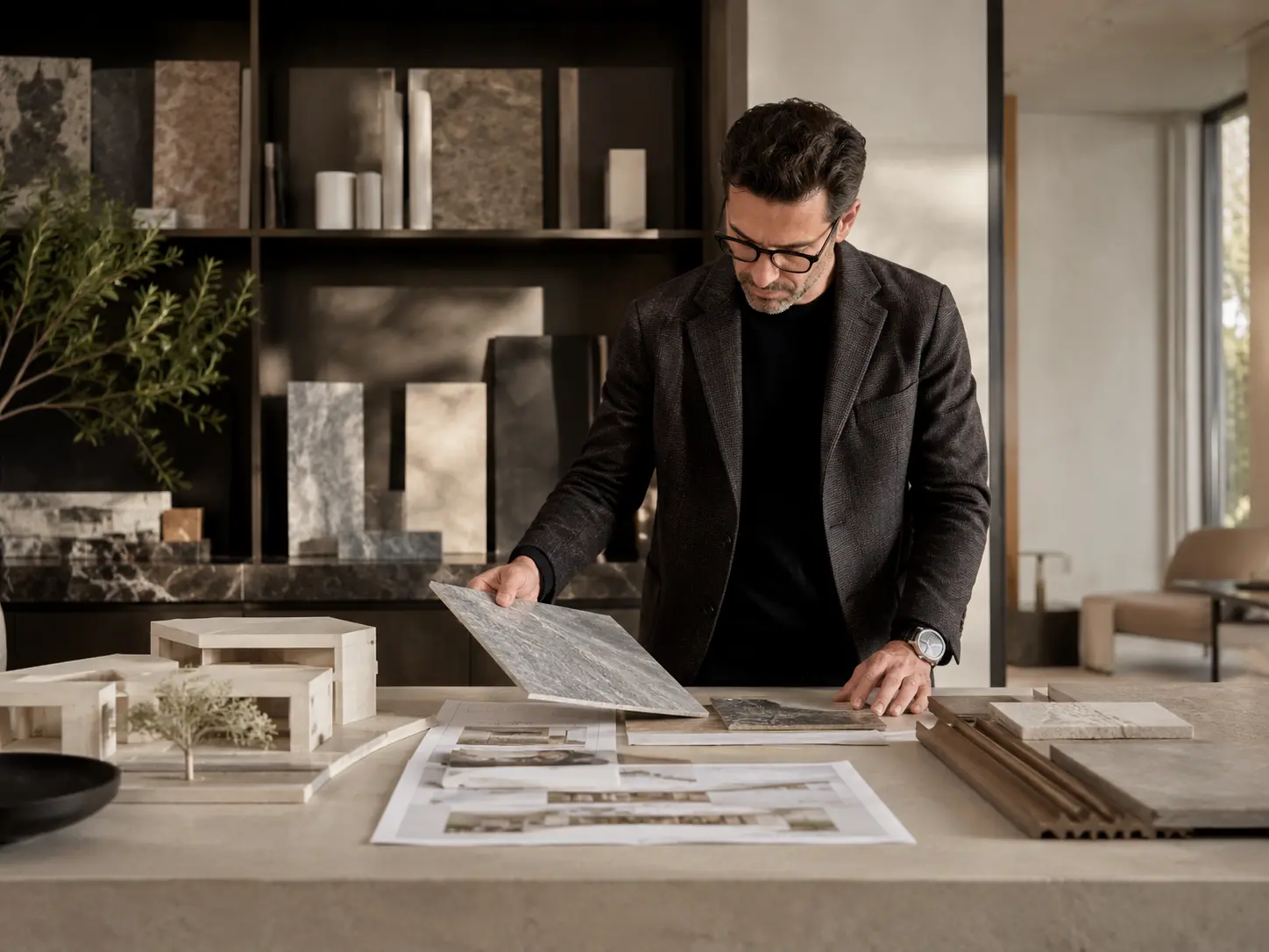 Architect reviewing plans and premium material samples