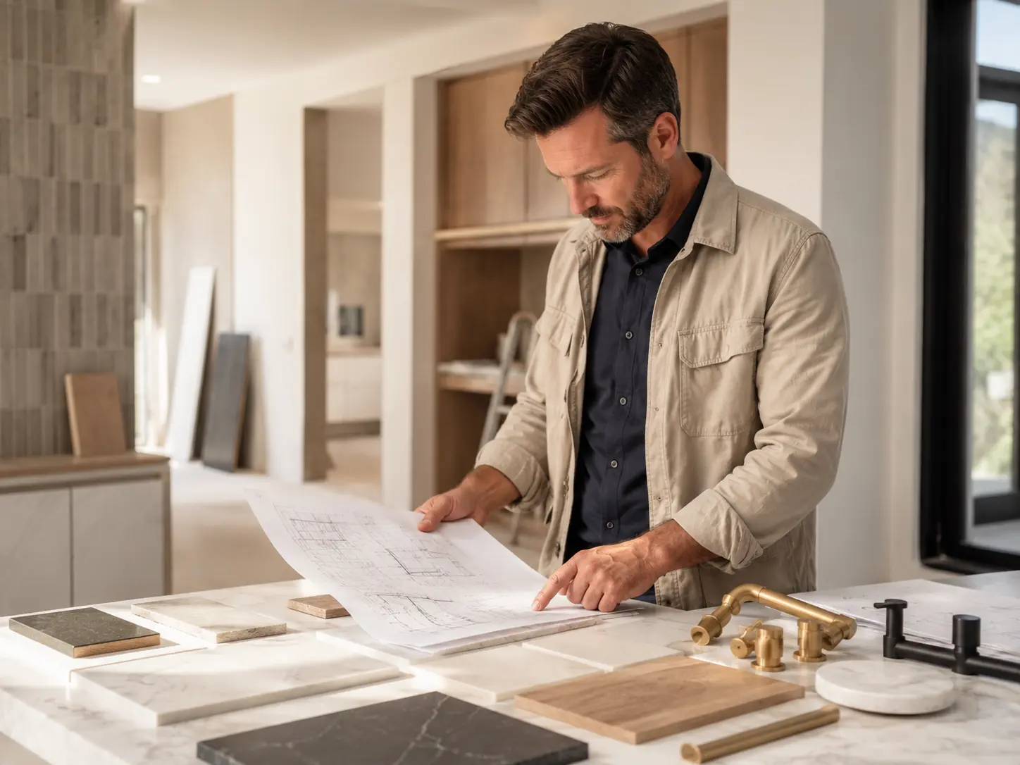 Builder reviewing project drawings and construction materials