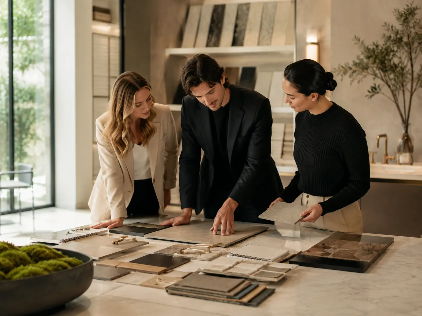 Design team collaborating over surface and fixture samples