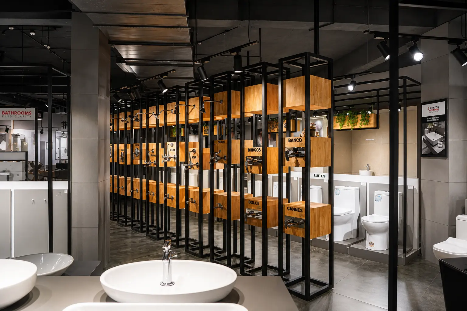 Faucet, basin and sanitaryware displays arranged across the i-KEYZ bathroom showroom.