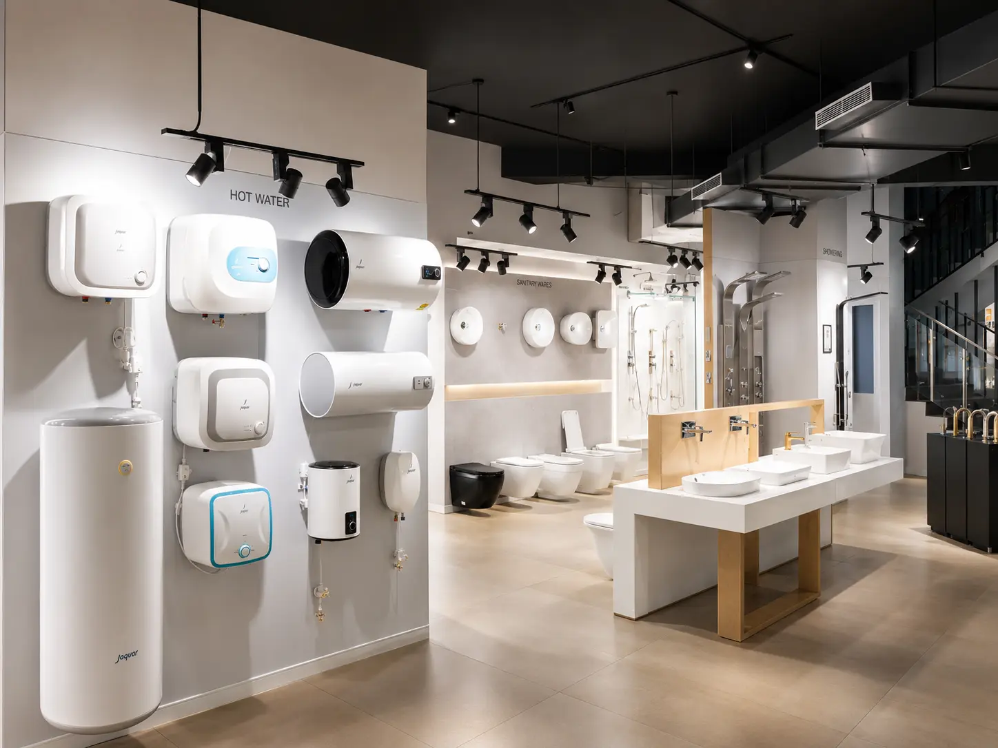 Modern bathroom fixture zone with water heaters, basins, toilets and shower systems.