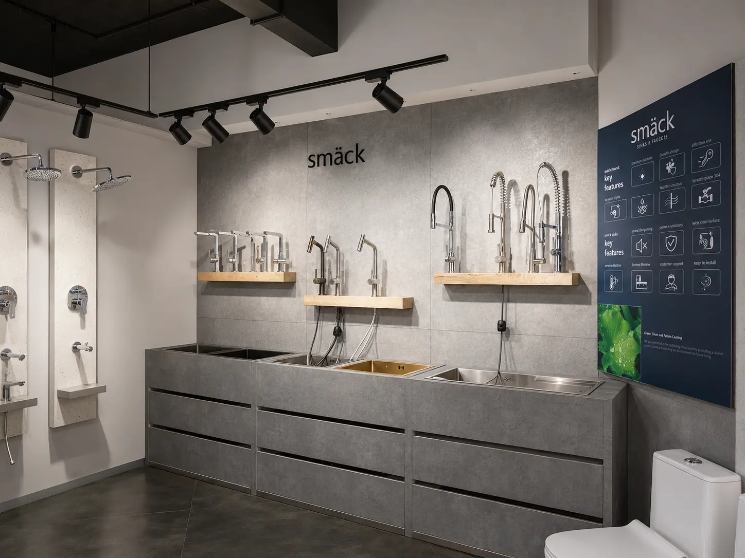 Smack faucet and sink display wall with stainless sinks and wall-mounted mixers.