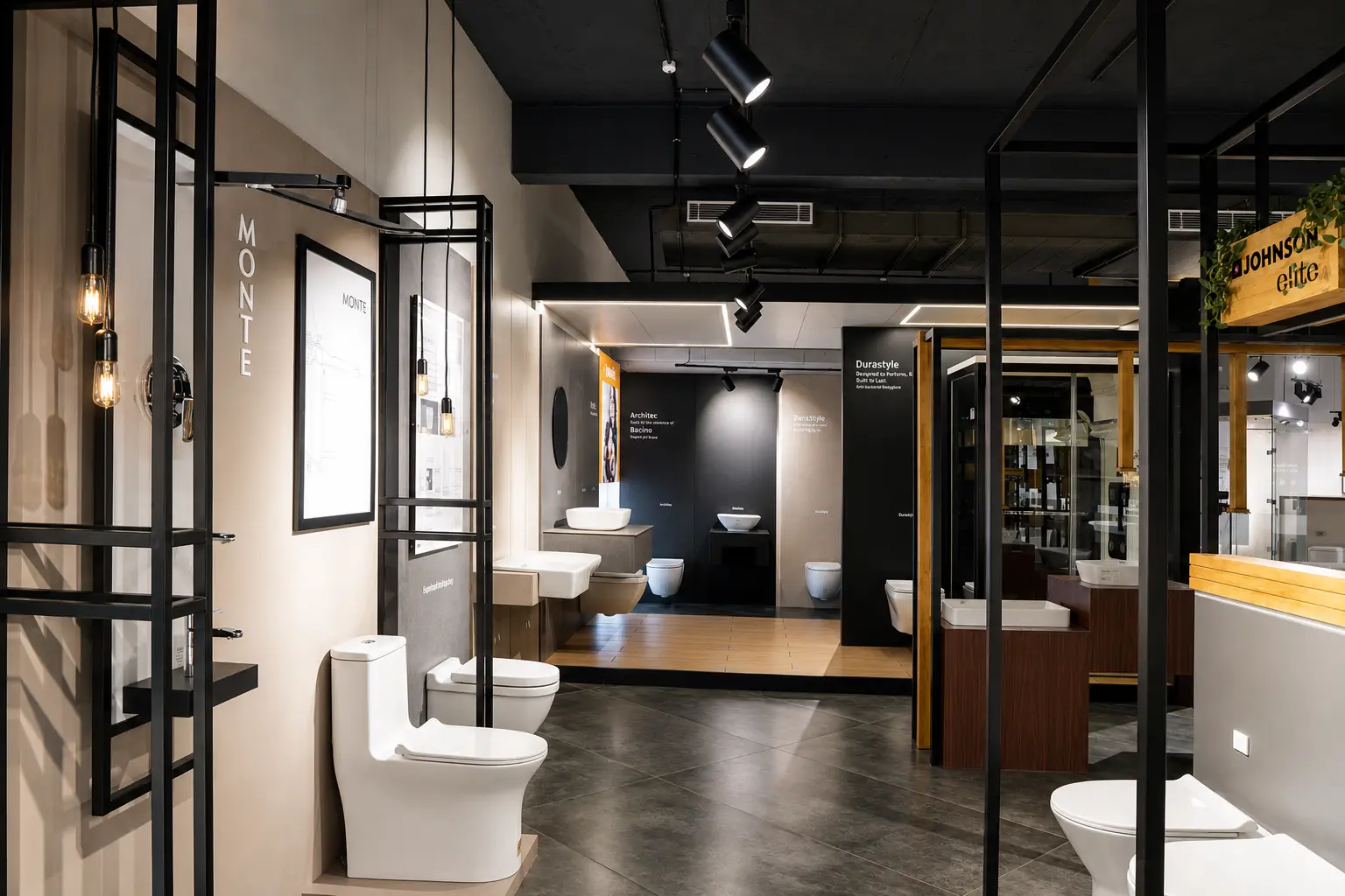 Industrial-style bathroom showroom setting with toilets, basins and framed display bays.