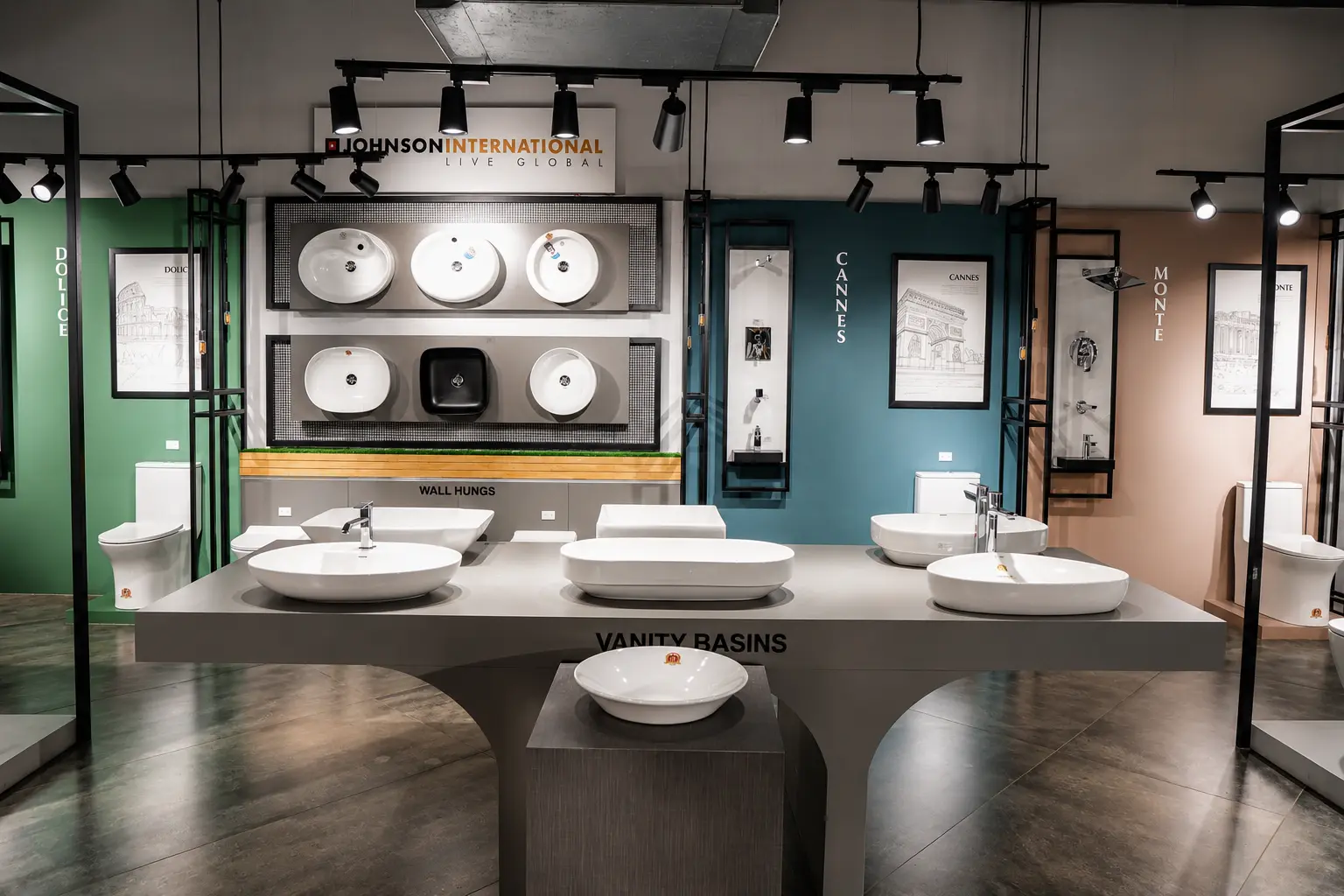 Vanity basin display island with colorful product bays and wall-mounted fixtures.