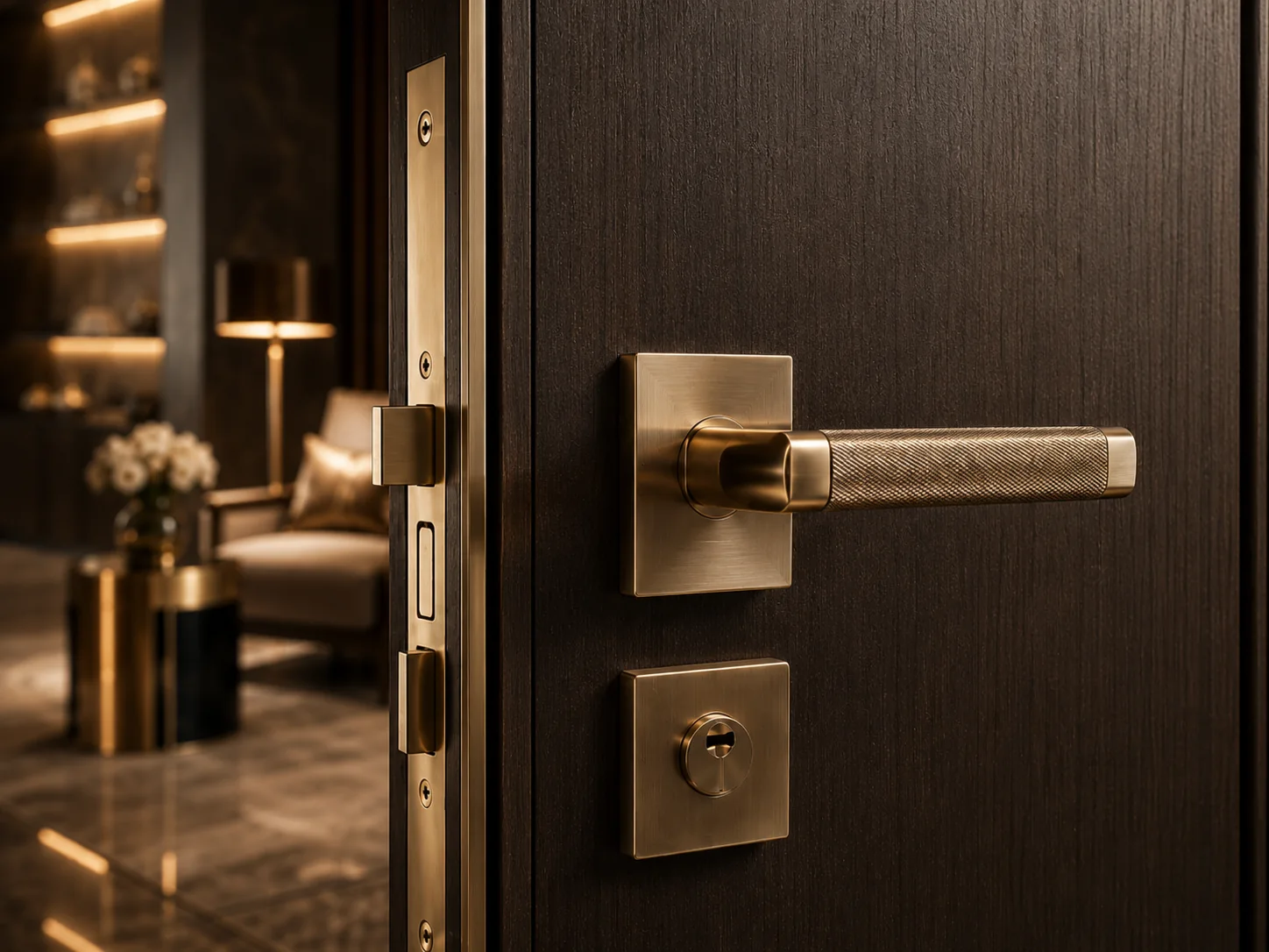 Premium architectural lever handle on a dark timber door