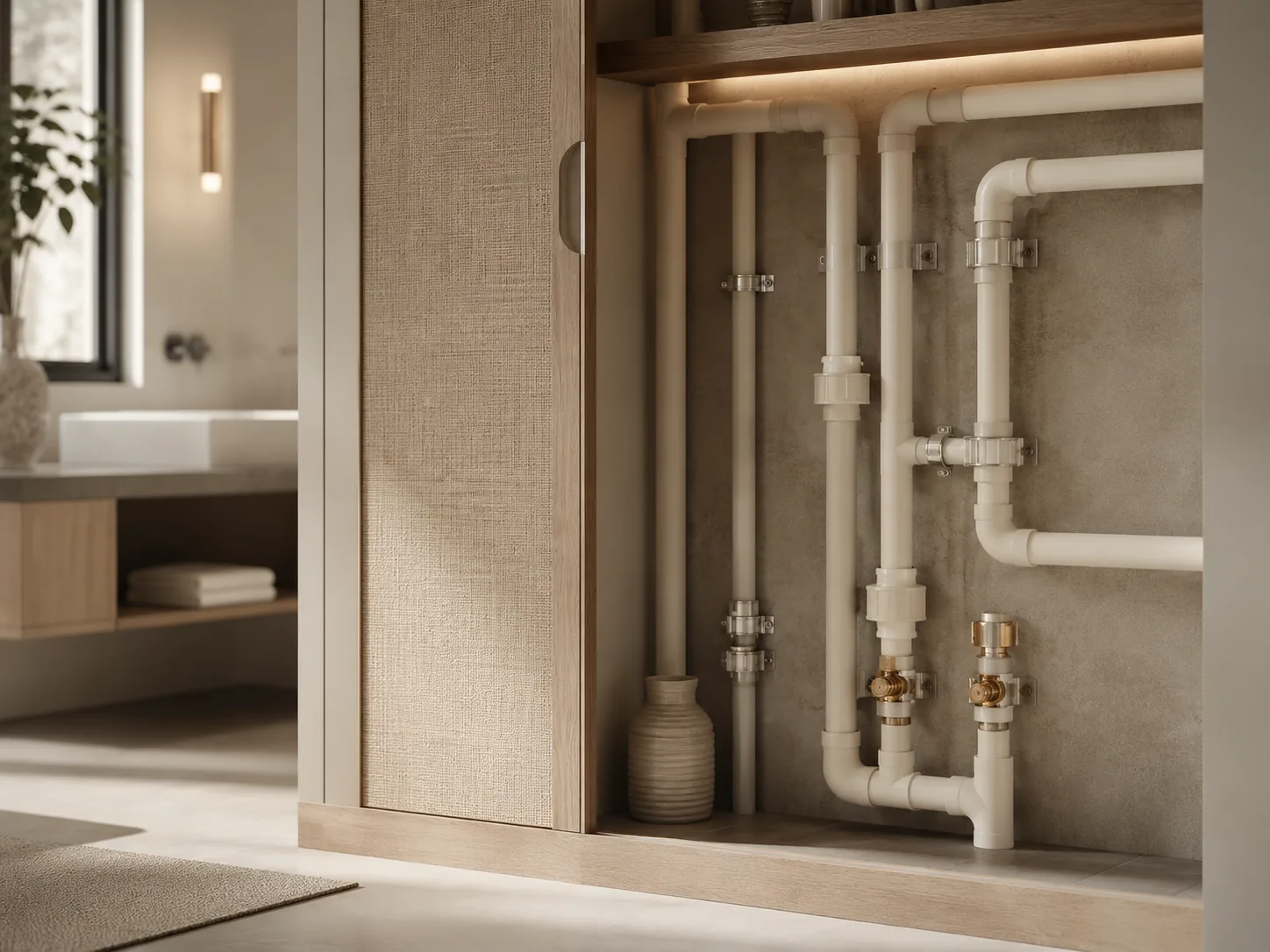 Residential plumbing system with pipes, fittings and control valves