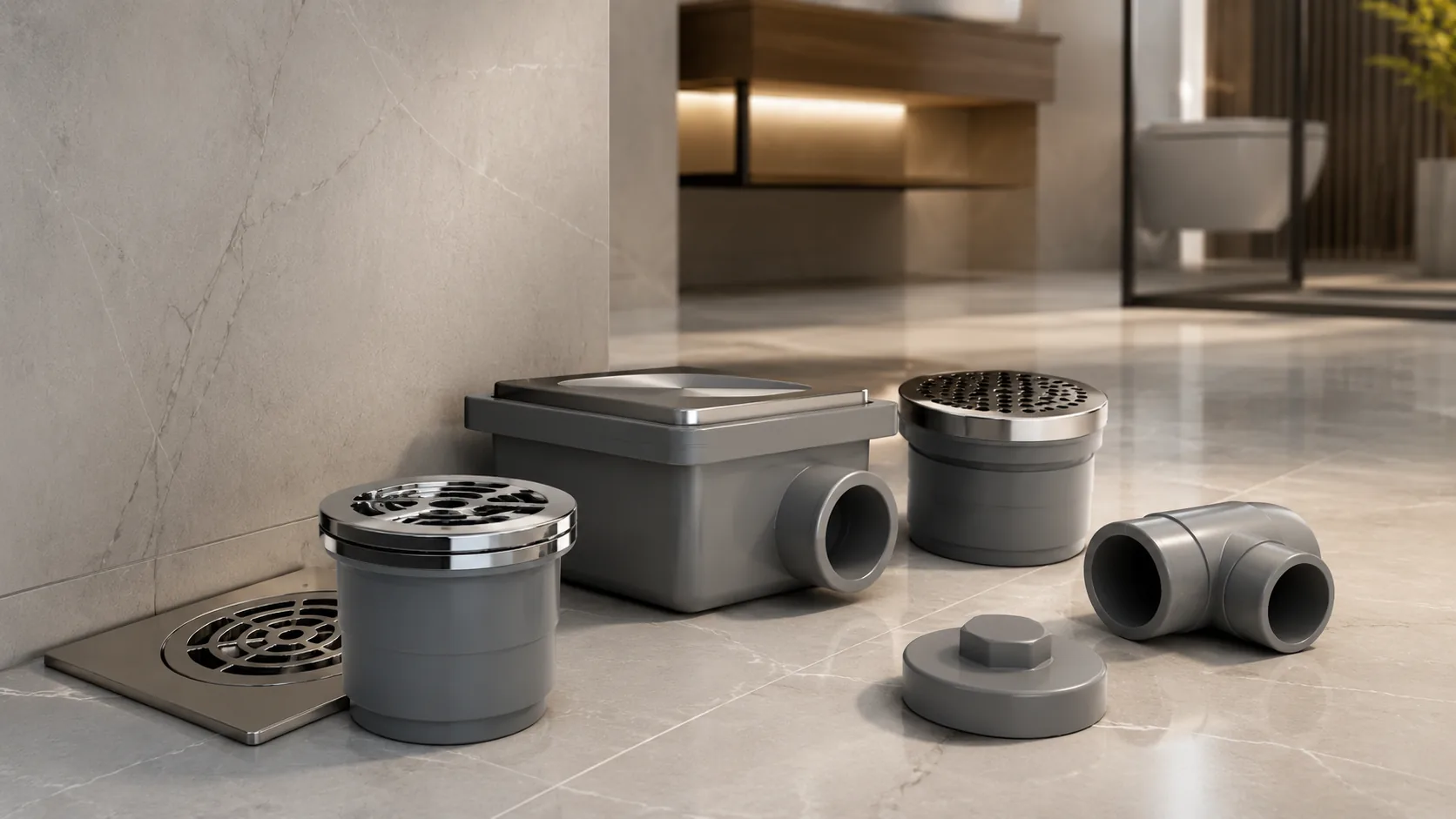 Sanitary drainage fittings, floor traps and cleanout accessories