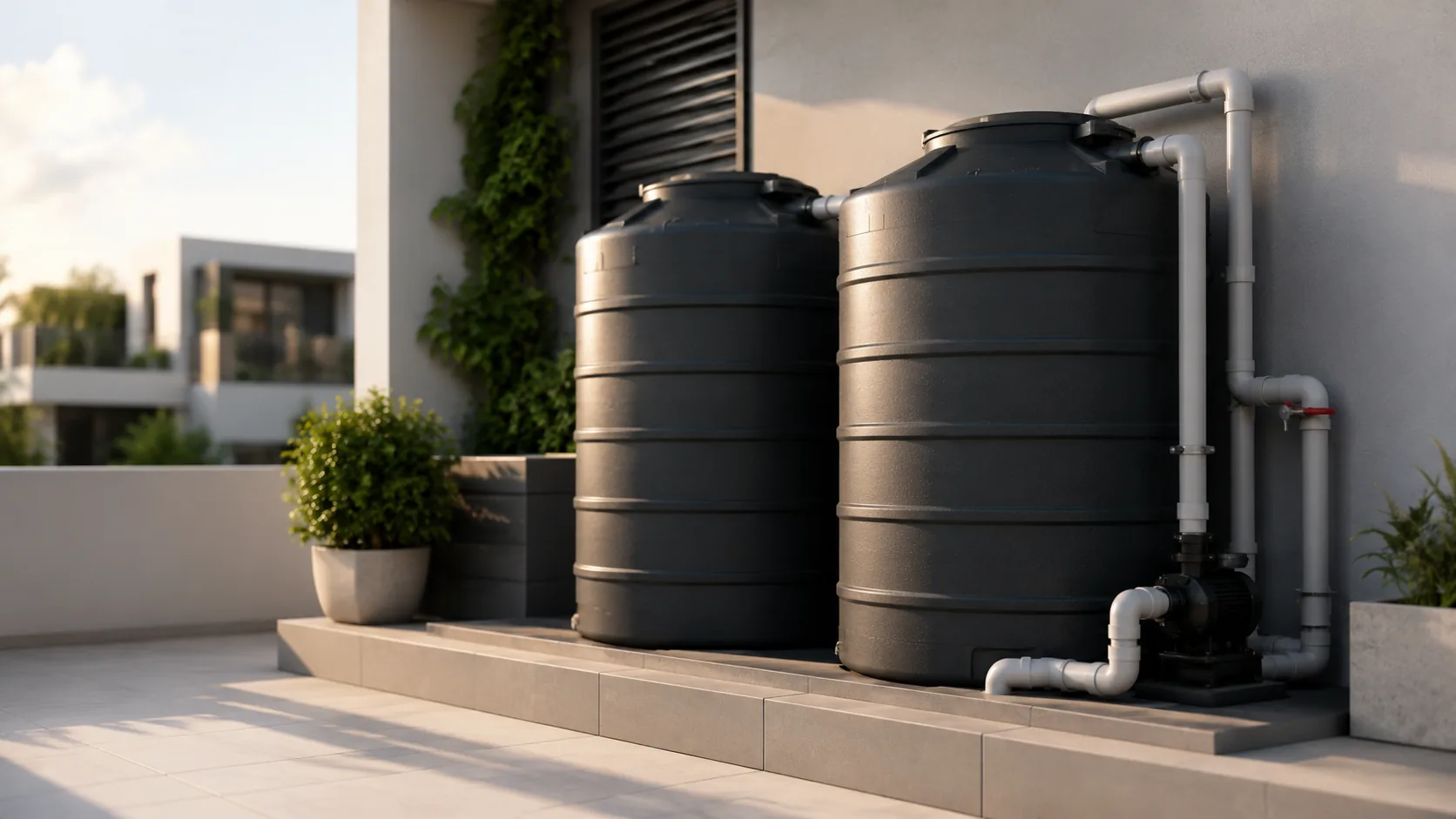 Residential water storage tanks with connected plumbing system