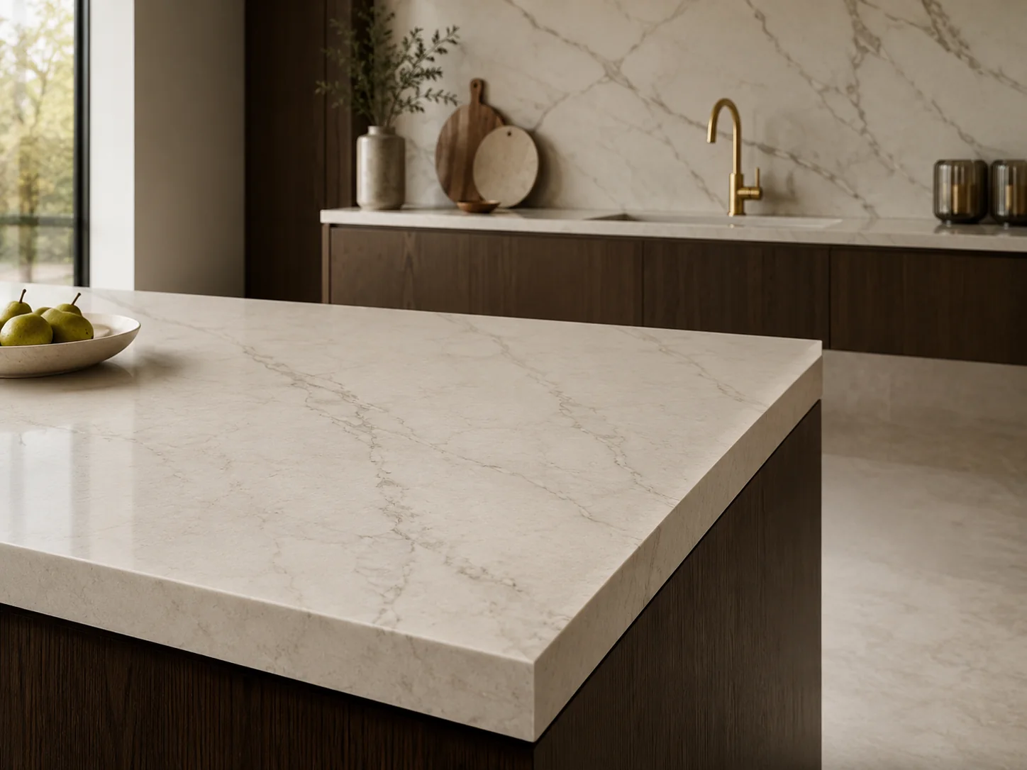 Premium quartz kitchen island and matching worktop surfaces