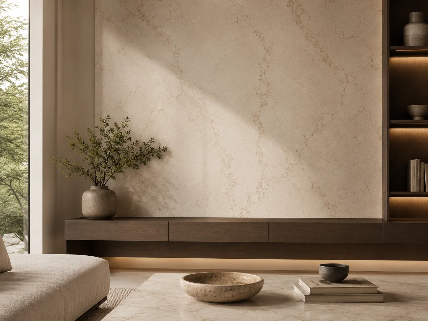 Quartz feature wall in a contemporary living space
