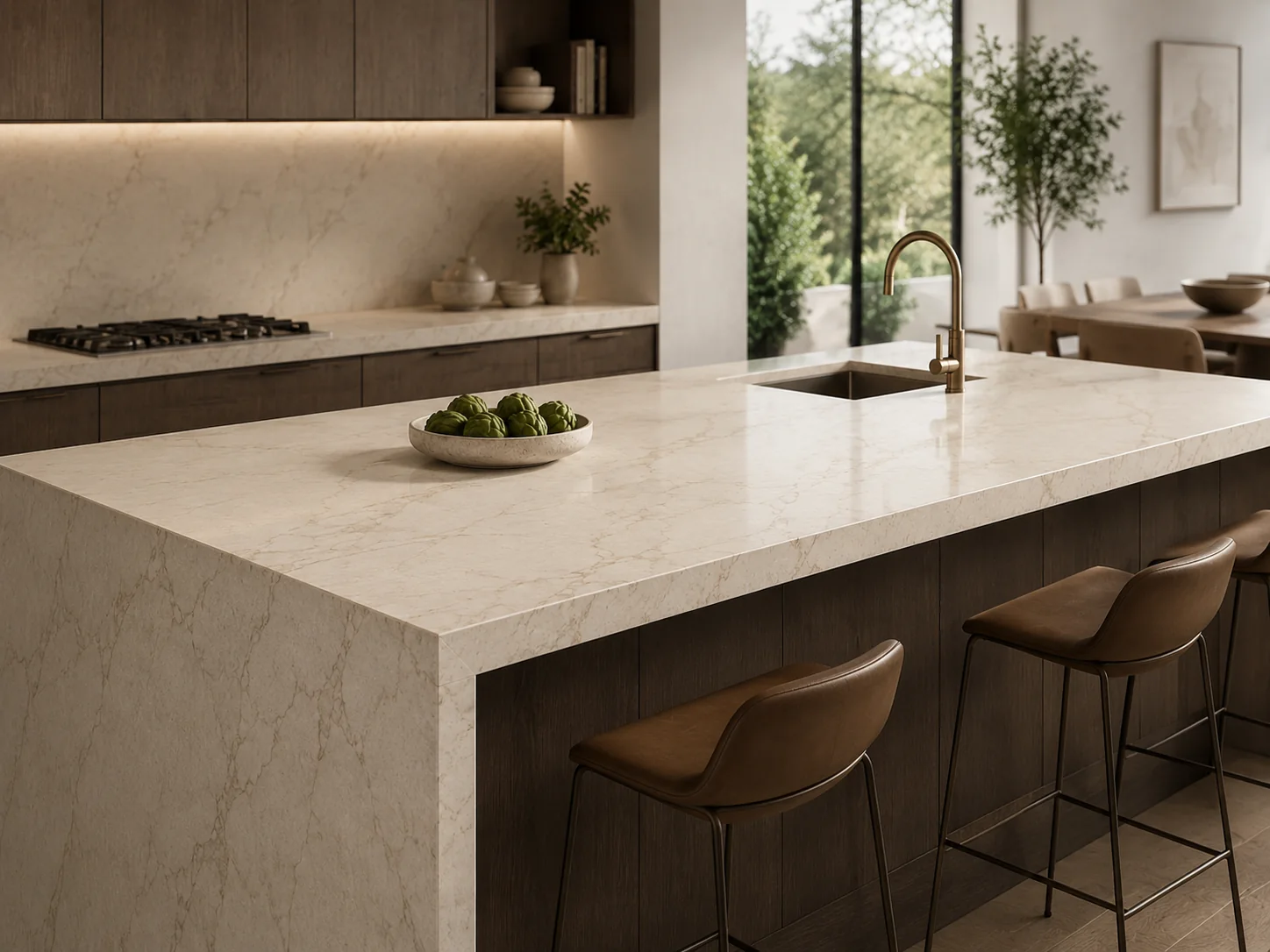 Large quartz kitchen island with premium edge profile