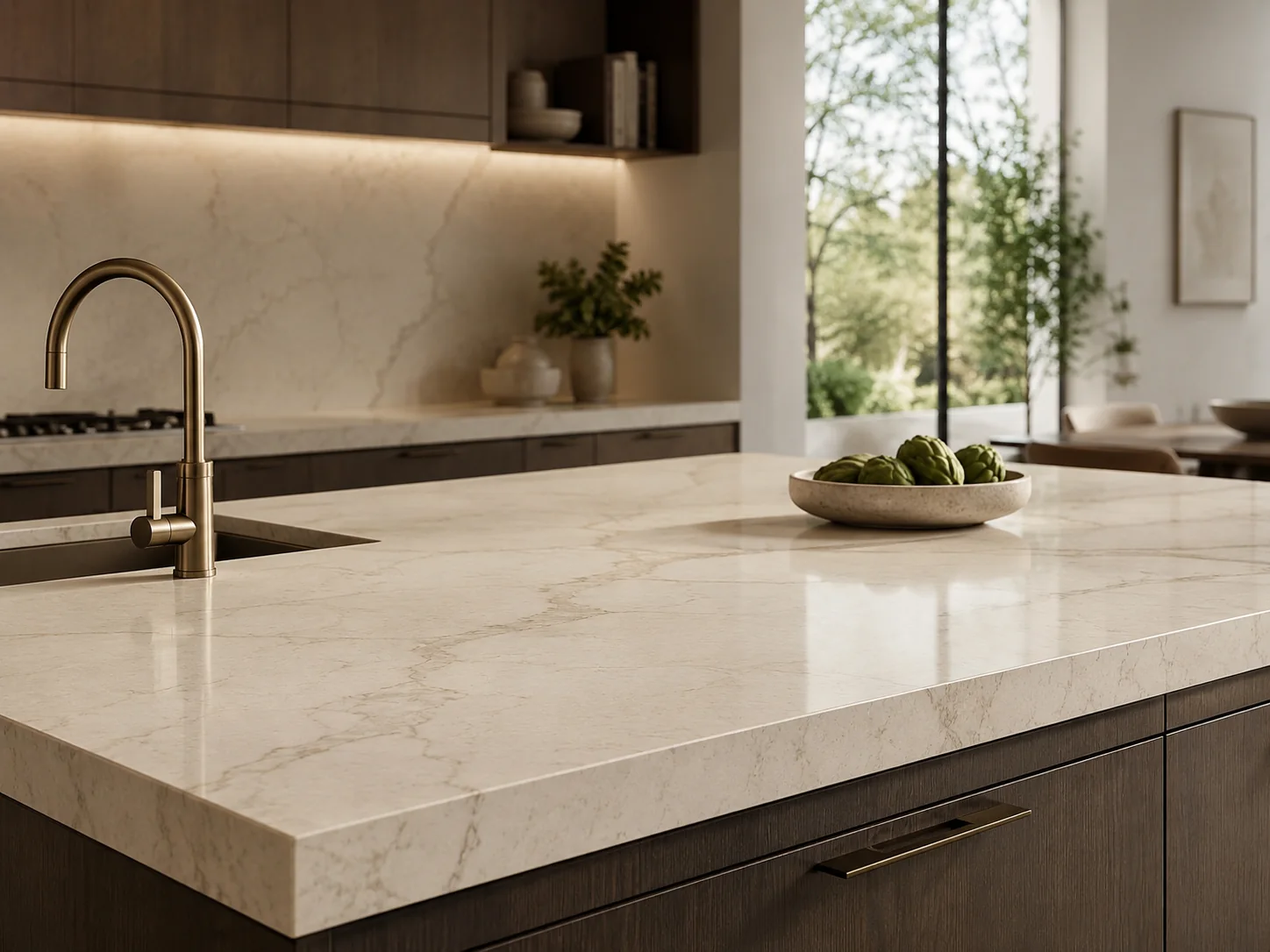 Premium quartz kitchen countertop with integrated sink