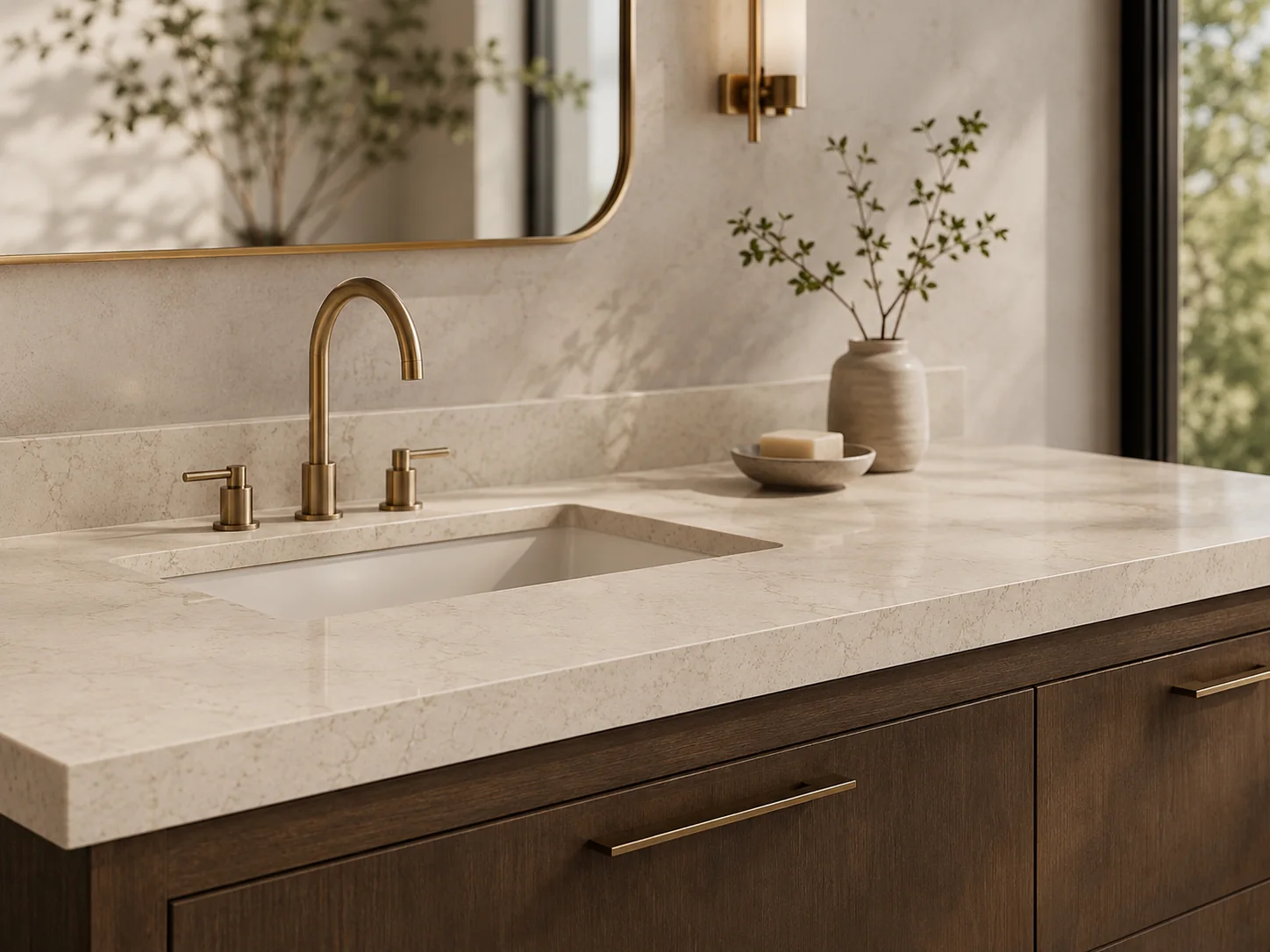 Quartz vanity top with basin in a refined bathroom