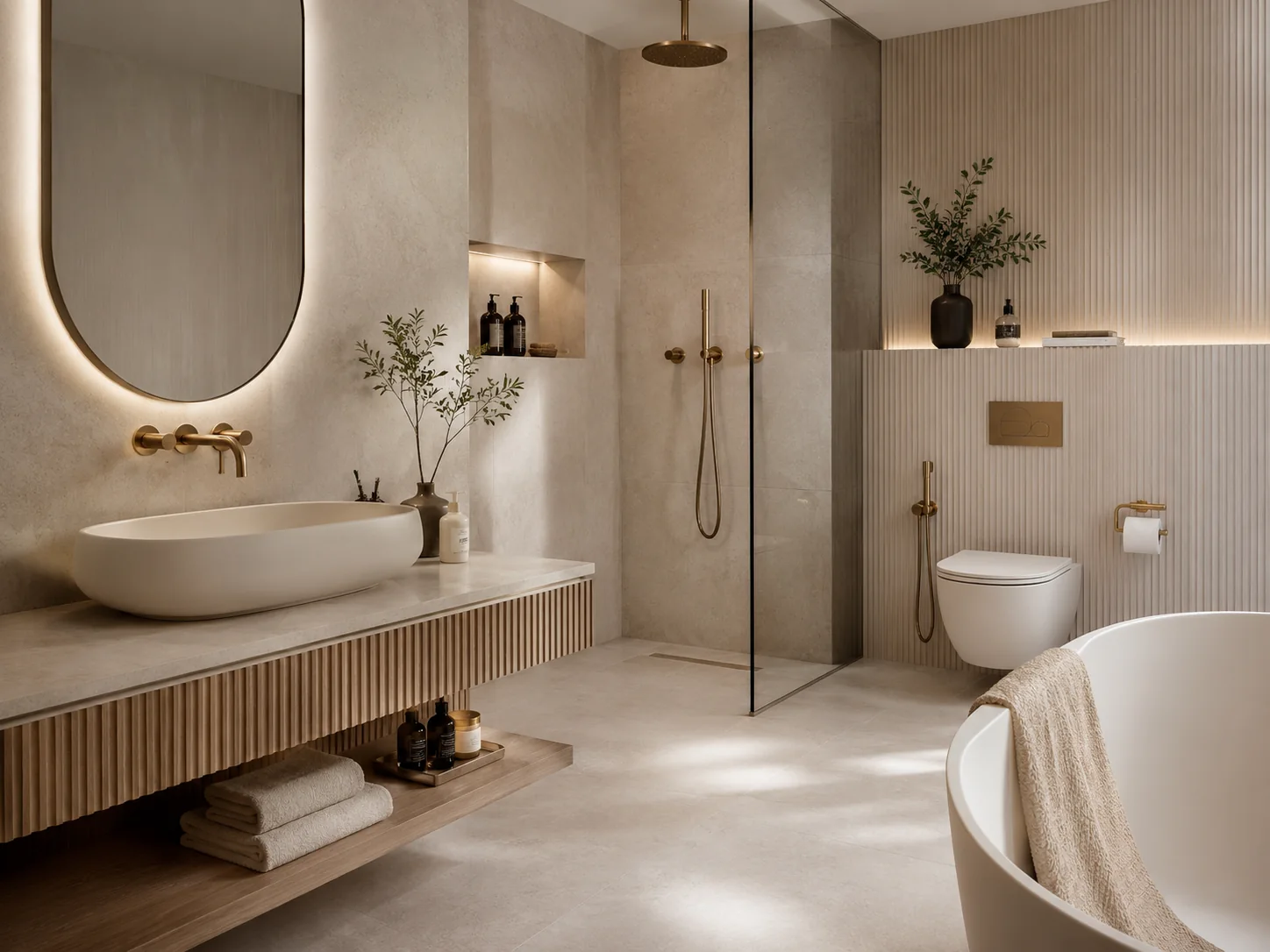 Premium bathroom interior with sanitaryware, bath fittings and shower fixtures