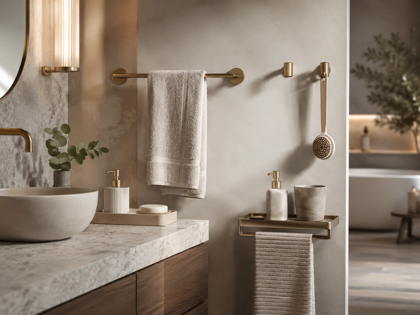 Coordinated bathroom accessories with towel rails and dispensers