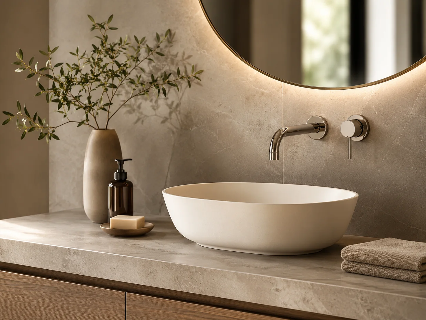 Countertop washbasin and vanity in a refined bathroom