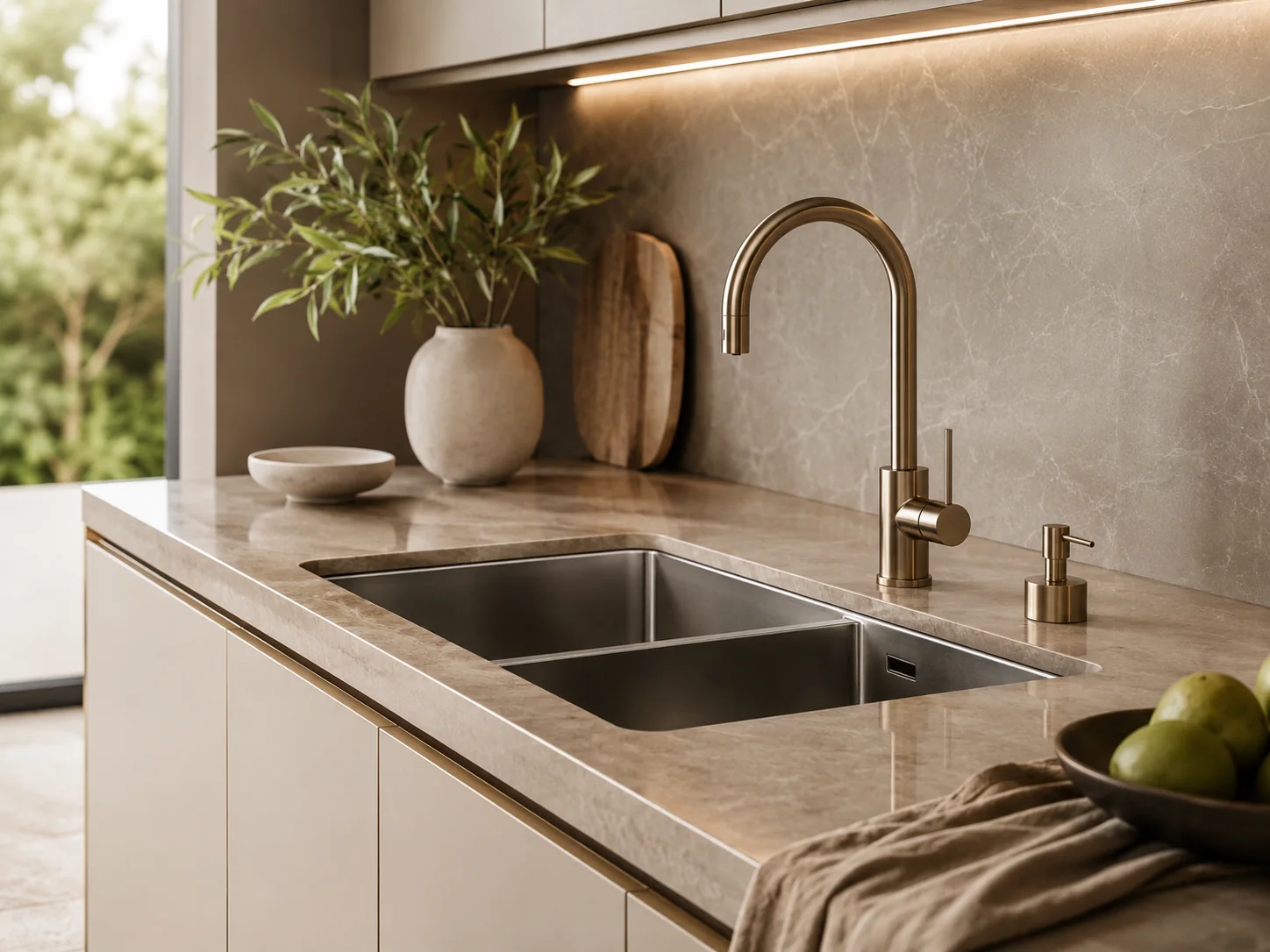 Double-bowl kitchen sink with a premium mixer faucet