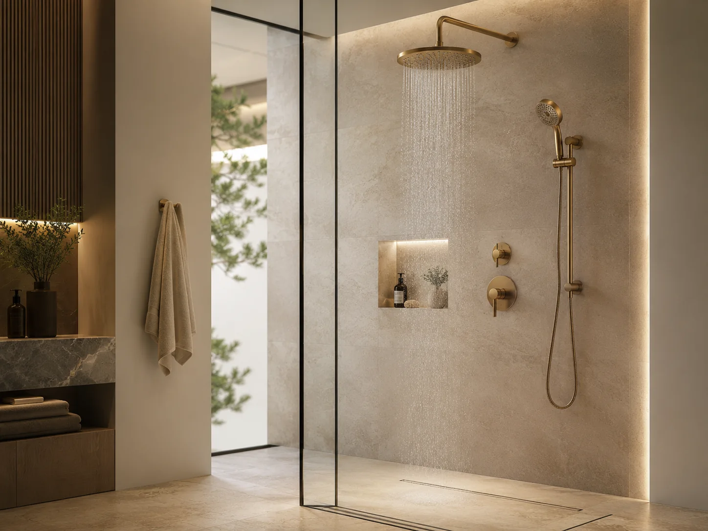 Rain shower and hand shower system in a glass enclosure
