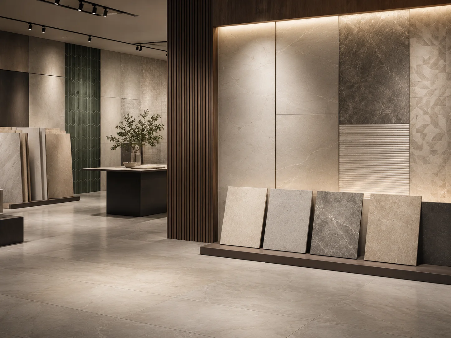 Premium tile showroom with large-format, textured and decorative tile displays