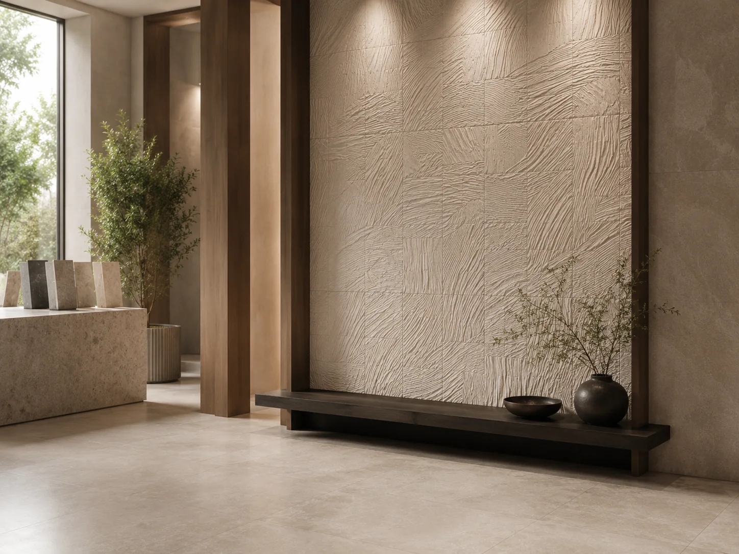Decorative textured feature tiles in a contemporary interior