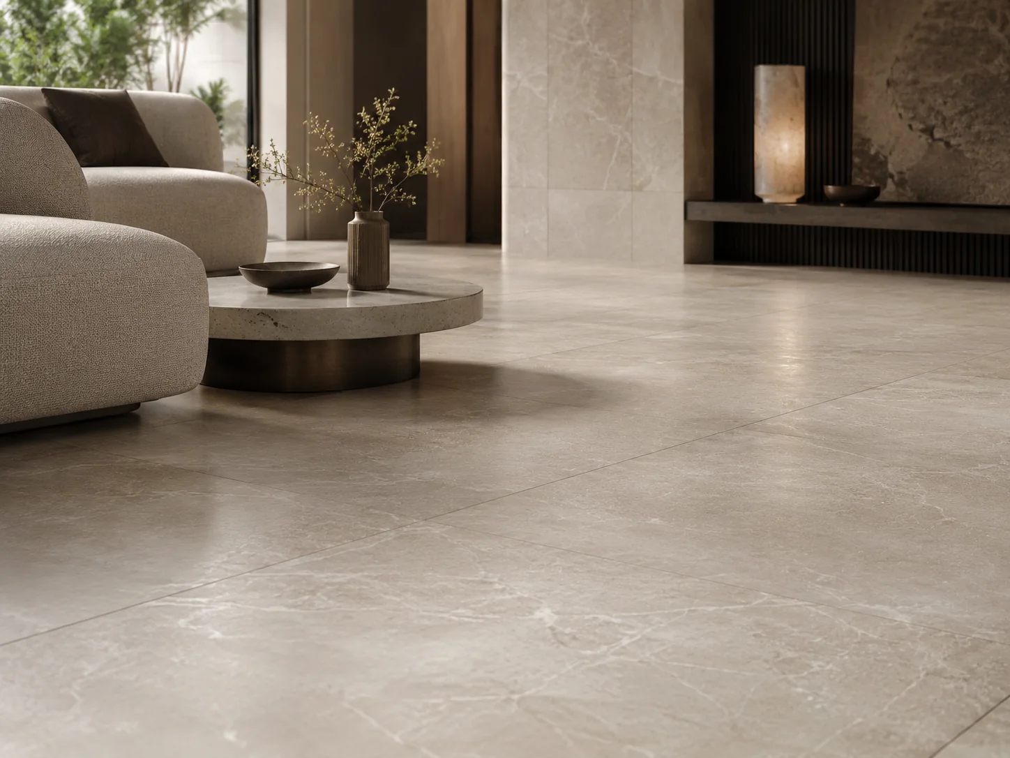 Premium large-format floor tiles in a contemporary living room