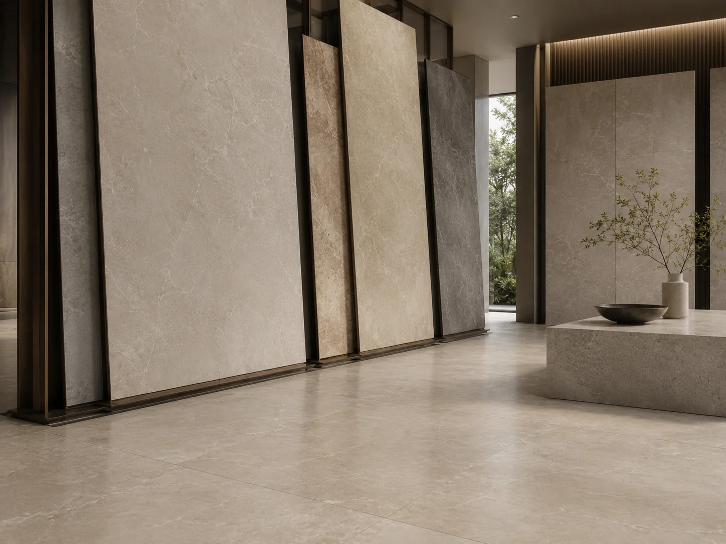 Large-format tile slabs displayed in a premium showroom