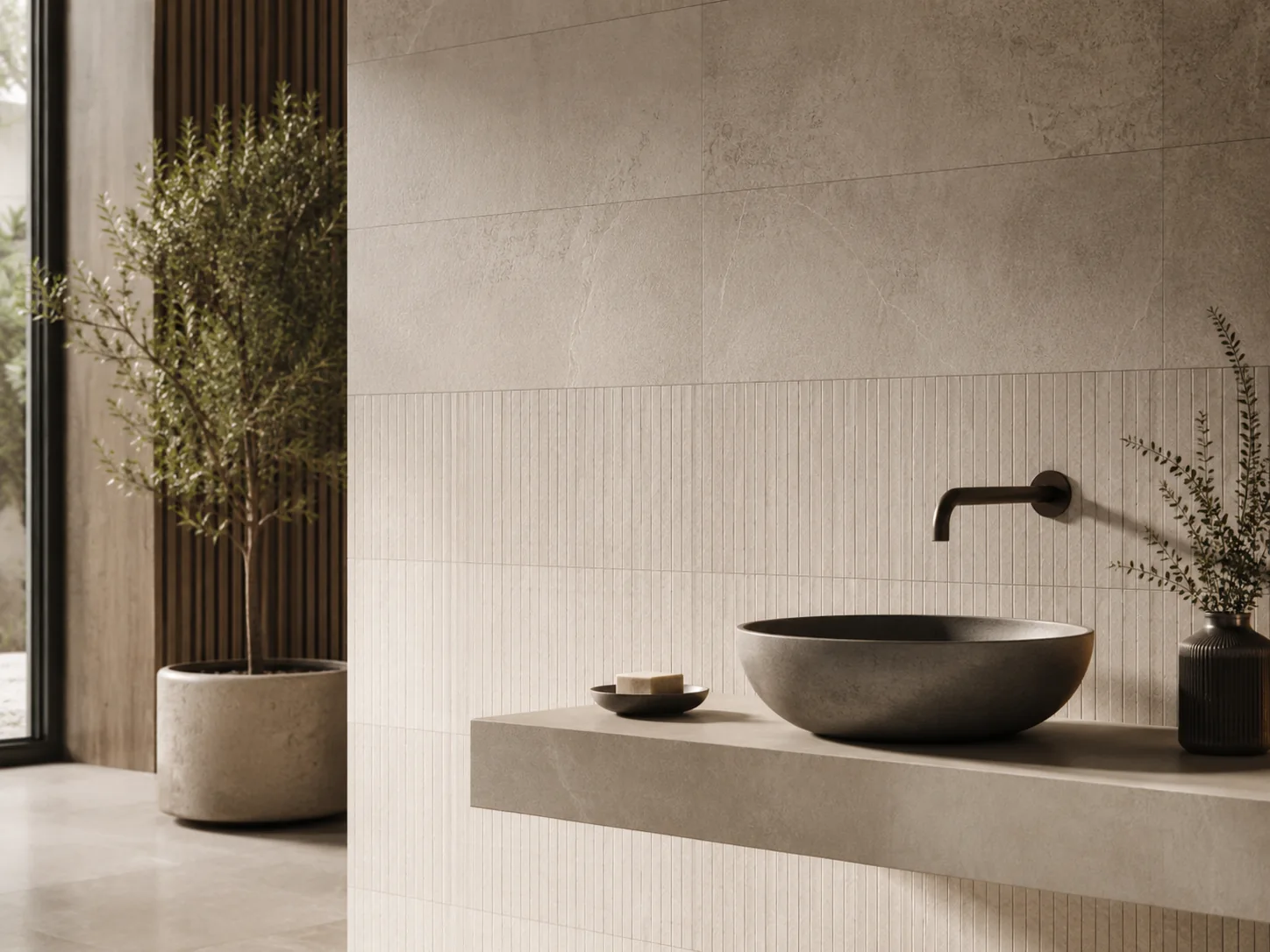 Refined bathroom wall tiles with textured detailing